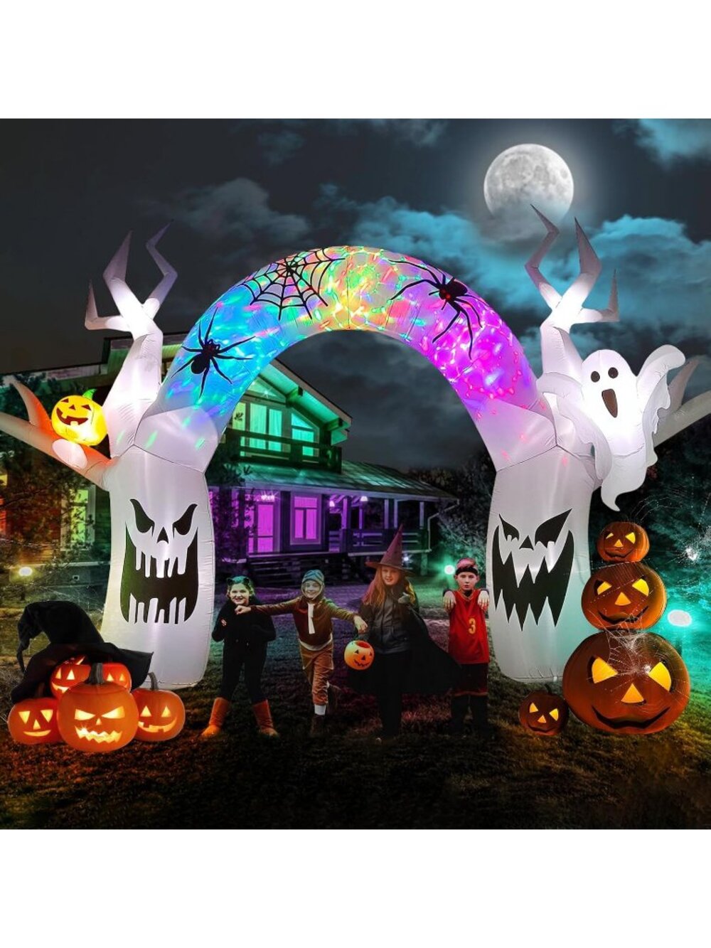 🎃10FT Halloween Inflatable Colorful Pumpkin Ghost Blow Up Yard Build-in LEDs